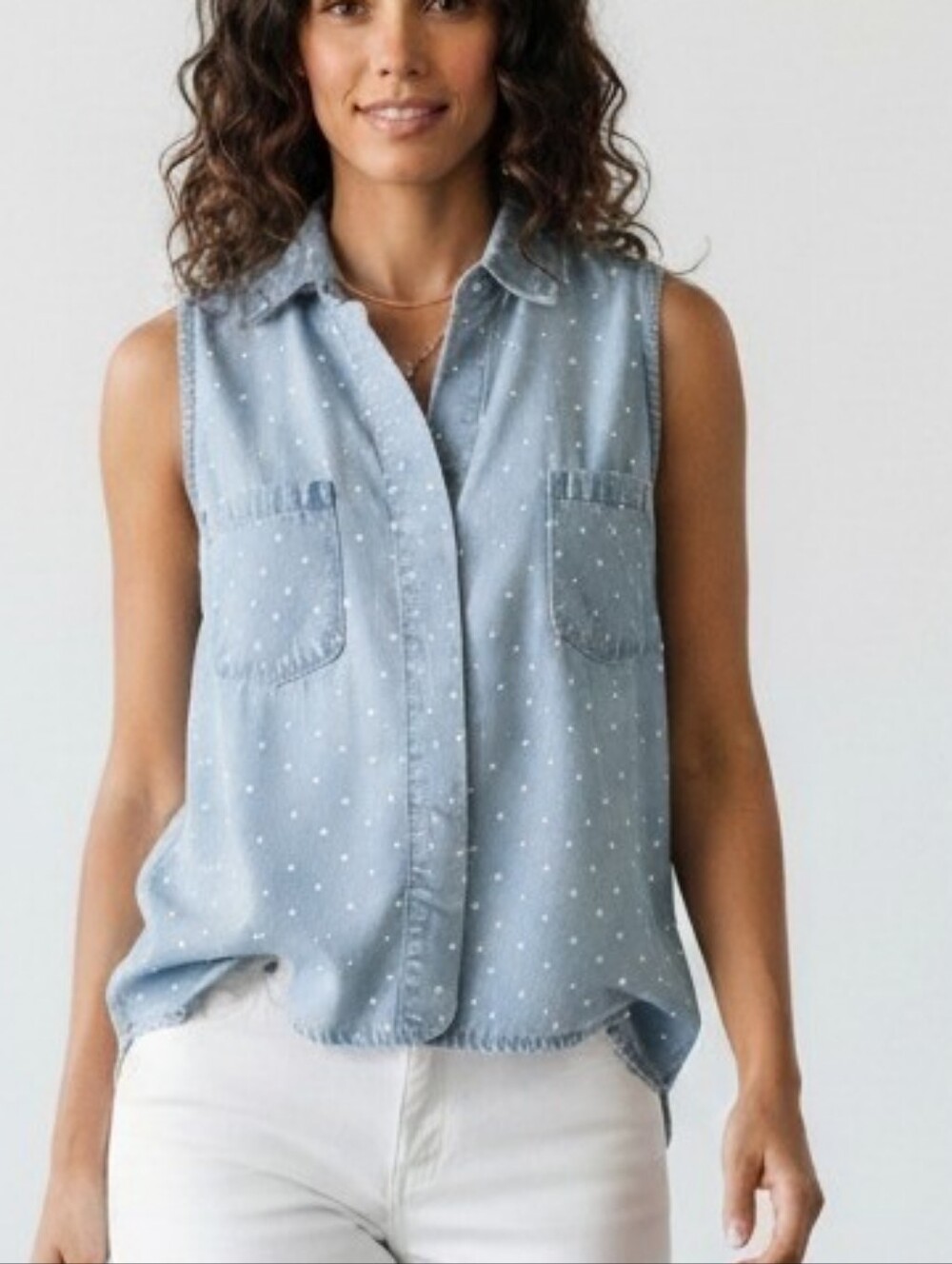 Anthropologie cloth & stone Light Blue Sleeveless Chambray Button-Front Shirt - Picture 1 of 9